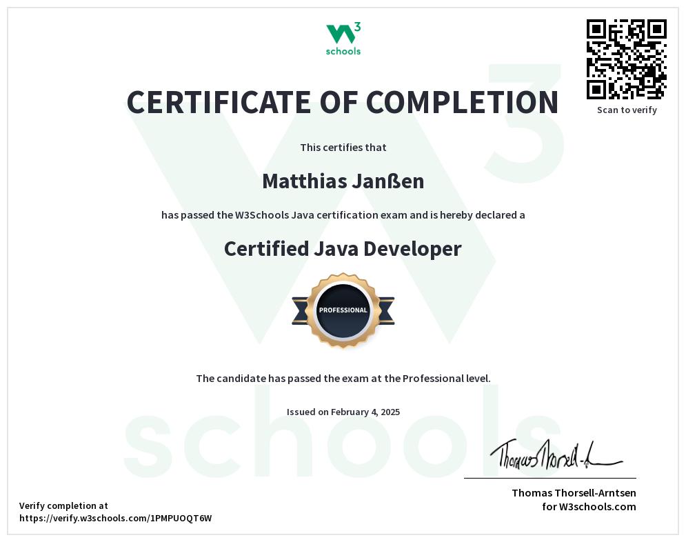 W3 Certified Java Developer Professional Certification