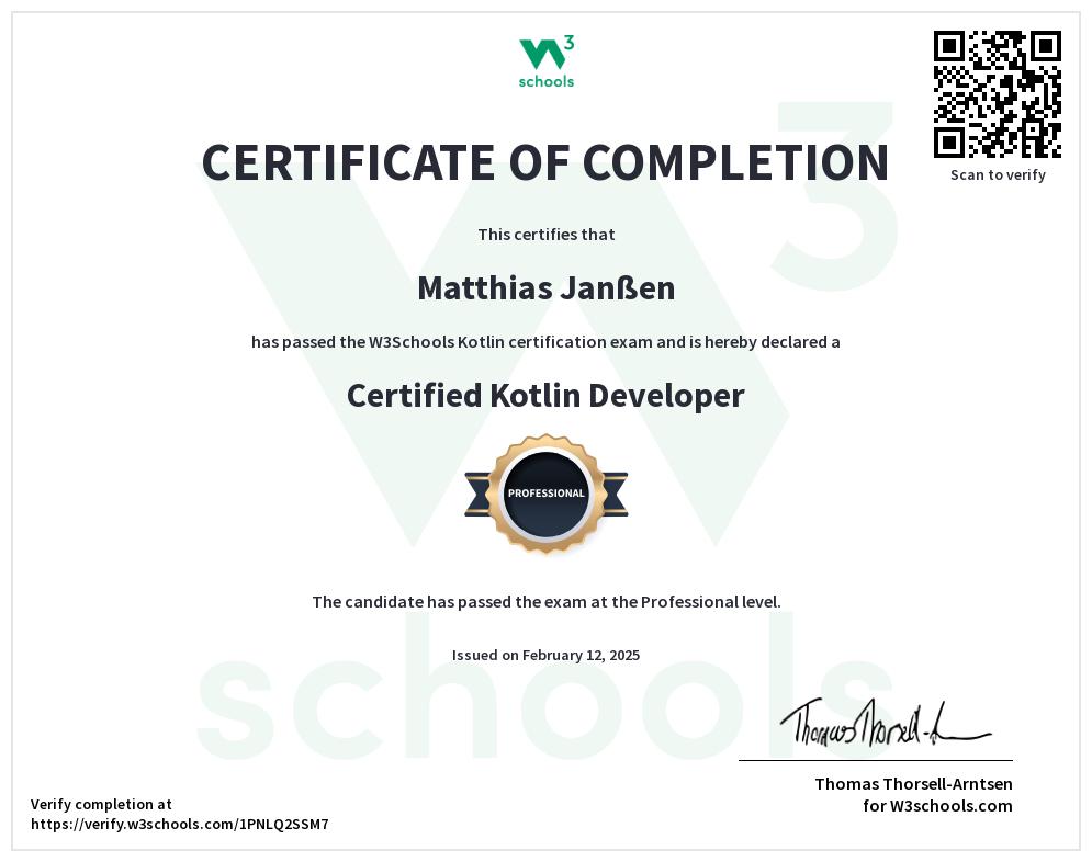 W3 Certified Kotlin Developer Professional Certification