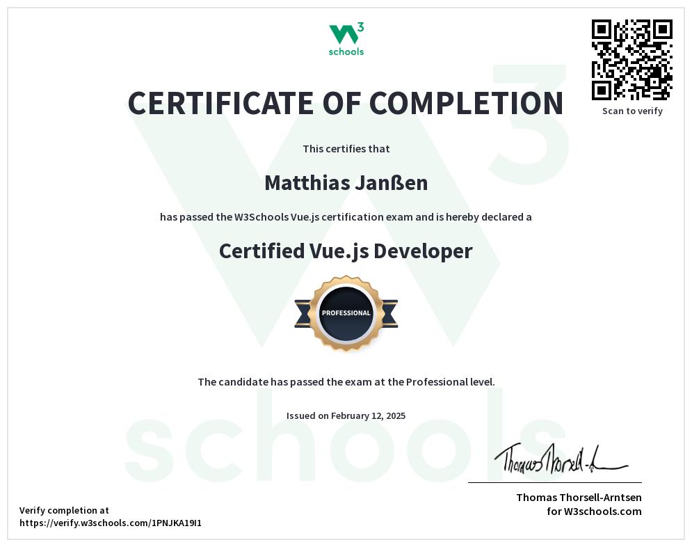 W3 Certified Vue.js Developer Professional Certification